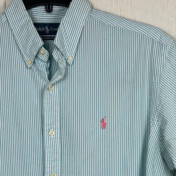 Ralph Lauren Seersucker Shirt men's Large classic fit, blue\ white stripe - Picture 4 of 5